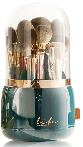 Lebenrich Drehbarer Make-up-Pinselhalter mit Deckel, drehbarer Pinselhalter, Make-up-Organizer mit transparenter Abdeckung, Acryl, Aufbewahrungsbecher, Behälter für Schminktisch (dunkelgrün)