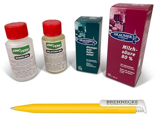 Weinherstellung Starterset: Kieselsol 100ml, Klärungsmittel Gelatine 30% VINOFERM 100ml Arauner Antigeliermittel 50g, Arauner Milchsäure 80% 125g Schönungsmittel