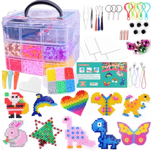 Shrubz Perline da Stirare, 10800 Perline in 20 Colori, 5mm, 6 Piastre per Timbri, Kit Creativo con Custodia, Decorazioni, Regali per Bambini