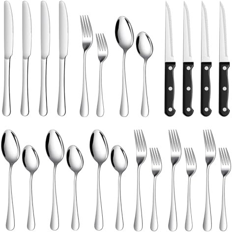 TAN REN Besteckset für 4 Personen, 24-teiliges Edelstahl Besteckset(Silber) mit Steakmesser, Elegantes Essbesteck mit Messer Gabel Löffel, Tafelbesteck für Haus/Küche/Restaurant