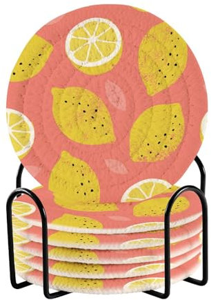 Lemon Summer Coasters and Holder Set of 6 Coasters for Drinks Absorbent Coffee Table Coasters House Bar Accessories