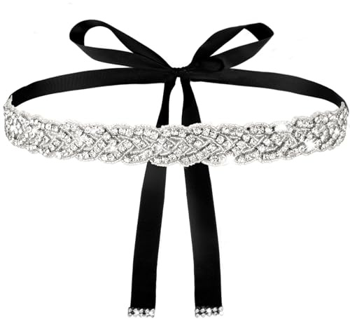 Telooco Cinturón de Novia con Diamantes de Imitación Mujer Cinturón de Boda Cinturón Negro con Purpurina Tejido a Mano Cristal Cinturón de Vestido para Dama de Honor Boda Fiesta