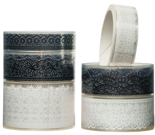 KAVI' S 6 Rollos Patrón de encaje Washi Tape Set cinta adhesiva decorativa PET Washi Glitter Adhesivo de Cinta Decorativa para DIY Crafts Scrapbooking (blanco y negro)