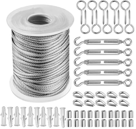 50 Meter 2 mm Kit Stahl PVC beschichtetes flexibles Drahtseil Weiches Kabel Transparenter Edelstahl Wäscheleine Haken Schrauben Korbbolzen