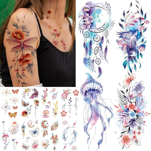 Acevegue 34 Hojas Tatuajes Temporales Adultos, 3D Tatuajes Falsos Flores Impermeables, Tatuaje Personalizado Calcomanias Adultos Hombro Cuello