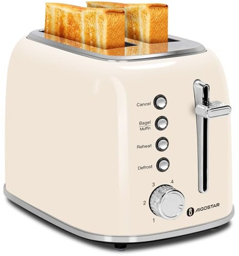 Aigostar Toaster 2 Slice, Retro Wide Slot Stainless Steel Toaster 800W for Toasting Bagels Breads, Defrost Reheat Cancel Functions, 6 Browning Settings, Removable Crumb Tray, Cream White