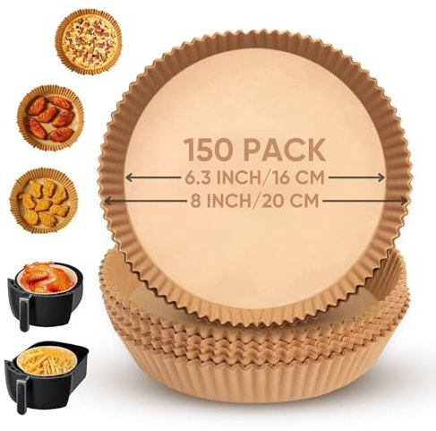 150pcs (6.3 Inch) Round Air Fryer Liners Disposable – Non-Stick, Oil & Greaseproof, Natural Wood Pulp Parchment - Pre-Cut for Air fryers, Raised Edges, High-Temperature Safe, Leak Proof, BPA Free