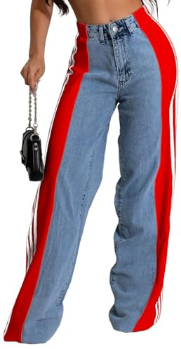 MGCPTN Straight Leg Jeans for Women 2024 Fashion Patchwork Color Block Trousers High Waist Denim Jean Blue Red M