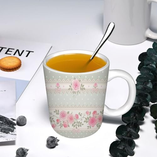 YOIUE Tazze Originali di caffè e Colazione Tazze - stampata Ceramica 11 once di tazze 330 ml Decora la tua tazza regalo,Motivo pizzo a pois rosa stile shabby chic con fiori