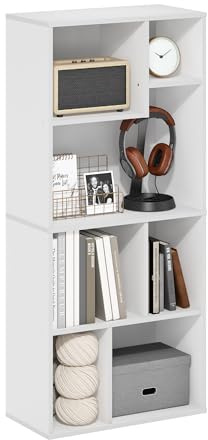 Furinno DALY Étagère, Bibliothèque À 7 Cubes, Étagère De Rangement Cubique avec Compartiments Irréguliers, 24 X 48 X 107 Cm, pour Salon, Chambre, Bureau, Blanc