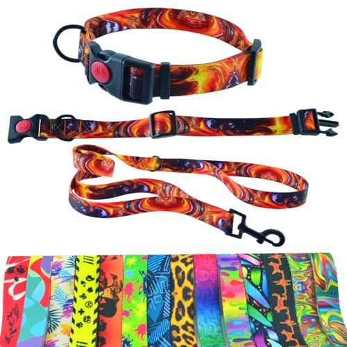 Hundehalsband und Leine 180cm für mittlere und große Hunde – Strapazierfähiges Polyester, robust mit D-Ring und doppeltem Griff (Halsumfang 42-55cm, Hot_Lava)