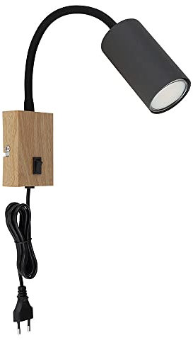 Wand- Leselampe für Schlafzimmer Leselampe Holzoptik Wandleuchte mit Stecker Wandlampe Schwanenhals, Schalter, schwarz braun, 1x GU10, LxBxH 32x7x44 cm