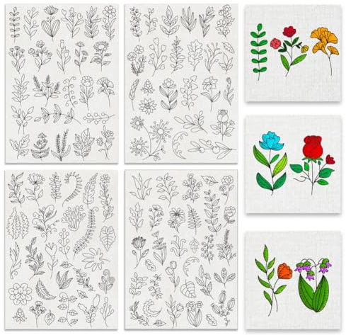 BENECREAT 4 Blatt Pflanzen-Nähstickstabilisatoren, 109 Stück Blumen-Gras-Stickpapier mit vorgedrucktem wasserlöslichem Stabilisator für Stick-Handnähliebhaber und Anfänger