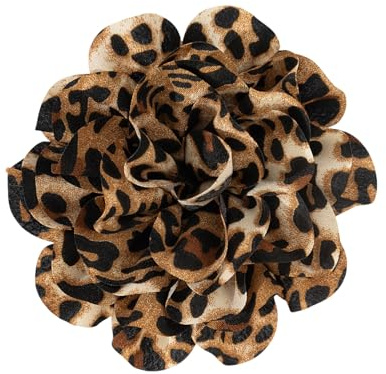 jojnsha Stilvolle Brosche mit Leopardenmuster, Blumenmotiv, Entenschnabel-Clip, Stoff-Blume, Anstecknadel, handgefertigtes Kleidungszubehör für trendige Frauen, 15*15*2cm, Stoff und Legierung