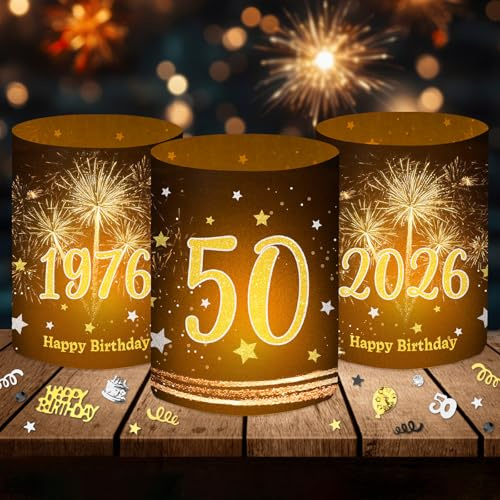 12 Windlicht Tischdeko 50 Geburtstag + 500 Konfetti Streudeko Schwarz Gold, Deko 50. Geburtstag Mann Frau 1976-2026, 50 Jahre Happy Birthday Tischdekoration, Geeignet für Teelichter oder Kerzen