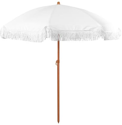Parasol d'extérieur vintage à franges de 1,8 m pour piscine, jardin, terrasse, plage, pompons élégants et imprimé bois, poteau inclinable, idéal pour l'extérieur