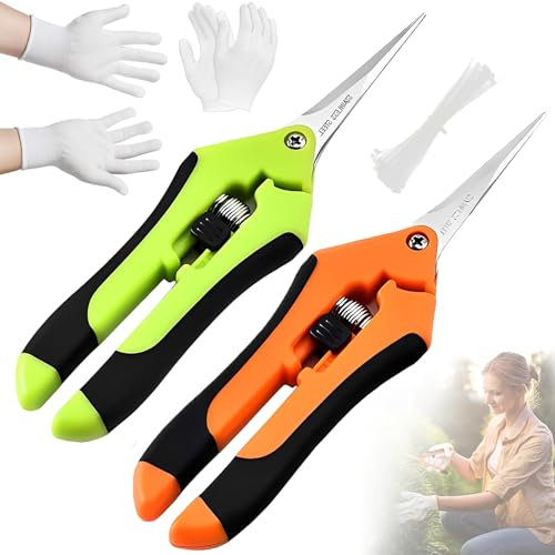 2 Stücke Gartenschere Mit Gebogenen Titanbeschichteten Klingen, Tragen Sie Ein Paar Weiße Nylonhandschuhe Und 10-Gerollte Riemen, Gartenschere, Grow Zubehör, Ernteschere, Bonsai Schere, Trimmschere