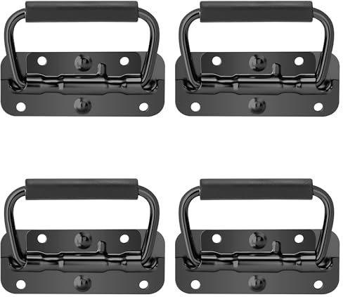 Poignée de Boîte Pliable, 4 Pièce Poignées de Caisse Pliantes Acier Inoxydable Poignée à Ressort avec Poignée en Caoutchouc pour Boîtes à Outils Ou Boîtes de Rangement,100x40mm (Noir)