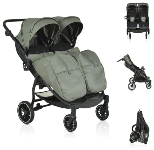 Moni Zwillingskinderwagen TwinGo Getränkehalter, Fußabdeckung, Hinterradbremse grün