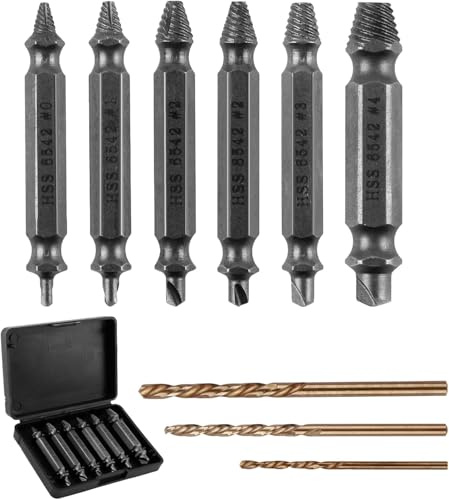9 Stück Schraubenausdreher Set,Linksausdreher Set mit 3 Spiralbohrer, Hergestellt aus HSS 6542, Härtegrad HRC 63-65, Schrauben Ausdrehwerkzeug, Zum Bohren und Entfernen beschädigter Schrauben