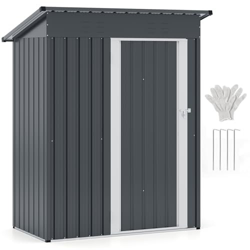 TANGZON 5 x 3FT Metal Garden Shed, Galvanized Steel Outdoor Tool Storage House with Top Sloping Design, Opening Door, Air Vents, Tool Utility Gardening Shed Box (153x91x181cm, Grey+White)