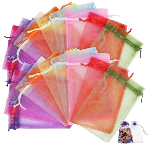 HOLIDYOYO 100stücke Weißer Organzasäckchen mit Kordelzug Süßigkeitenbeutel Kleine Verpackungsbeutel für Partygeschenke und Gastgeschenke Zufällige Farbe