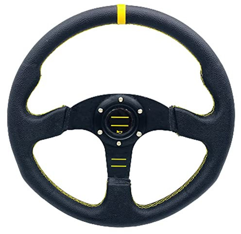 LUOKEKE Sportlenkrad Universal Racing Lenkrad Flach Drift 14inch 350mm Auto Sport Lenkrad mit Hornknopf Holzlenkrad(Yellow)