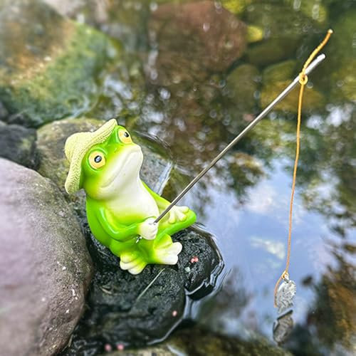 DZAY Gartenteich Deko Angeln Figur aus Harz Gartendeko Figuren,Miniteich Angler Froschfigur Deko für Garten Landschaft,Gartendeko für Draußen Figuren,Frosch Gartenzwerge für Außen Gartenstatue (Frog)