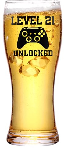 Onebttl 21st Birthday Gifts for Boys, Men or Him - 450ml/15oz Beer Glass - 21 Years Old Birthday Beer Glass Gifts for Son, Grandson, Nephew or Boyfriends - Level 21 Unlocked