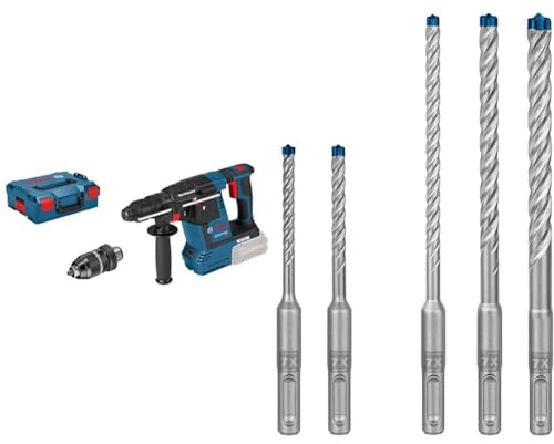Bosch Professional 18V System Akku Bohrhammer GBH 18V-26 F (inkl. Zusatzhandgriff, Tiefenanschlag, ohne Akku/Ladegerät) + 5x Expert SDS plus-7X Hammerbohrer Set (für Stahlbeton, Ø 5-10 mm)