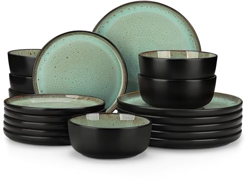 vancasso Amber 18 Pieces Dinner Set for 6, Reactive Glaze Stoneware Plates and Bowls Set, Green Crockery Set with Dinner Plates, Dessert Plates & Cereal Bowls, Microwave & Dishwasher Safe
