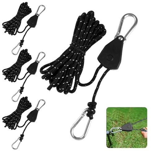 4 Stück Abspannseile mit Seilspanner, 4m Verstellbarer Seilaufhänger, Einstellbare Seilratsche mit Haken, Reflektierende Zeltschnur mit Spanner, Abspannseile Seil für Campingzelte Markisen Aufhängung