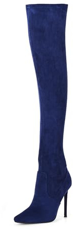 GENSHUO CuissaNBes pour Femmes avec Talon Haut de 11 cm, en Similicuir Suédé, Sexy Bout Pointu, Bottes Longues à Talon Aiguille, Daim bleu marine, 36 EU
