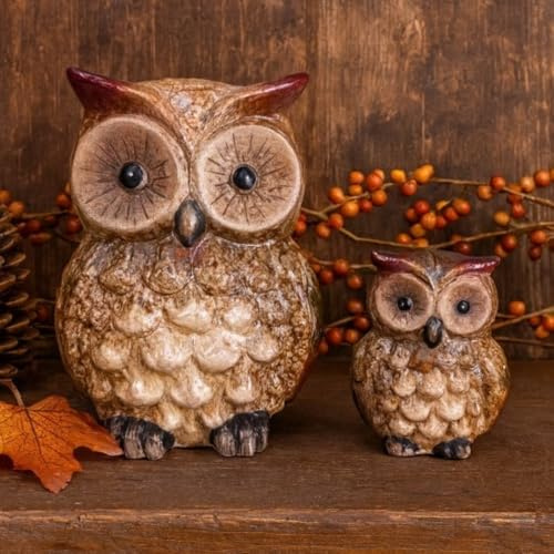 Online Fuchs Dekofiguren 2er Set Eulen aus Keramik - detailreiche Strukturen, wachsame Augen und harmonische Farbnuancen - 10 und 18 cm groß
