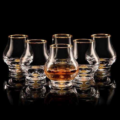 DUJUST Elegante juego de 6 copas de balón curvilíneas (205 ml), copas de whisky de cristal con de oro de 24 quilates, cop de lujo para brandy/Bourbon/tequila, sin BPA ni plomo