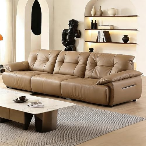 Italiensk lyxig retrosoffa i kakifärgat läder. Rymlig och mjuk soffa med massiv träram. Modern stor storlek. Lämplig för vardagsrum/kontor/lägenhet.