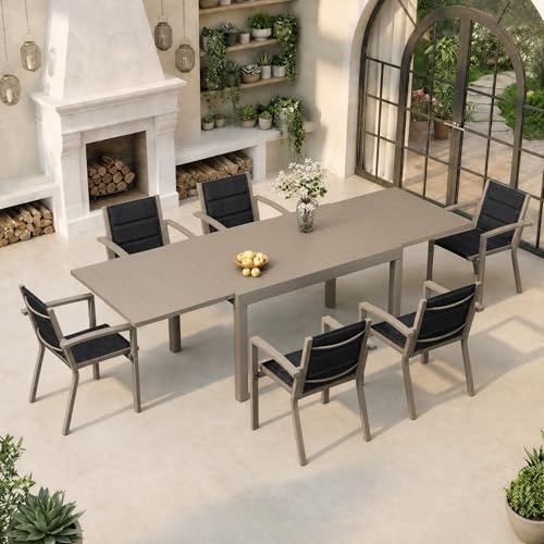 TRIUMPHKEY Gartenmöbel Set 8 Personen, Balkonmöbel mit Aluminium, 8 Stapelstühle und 1 130/260 cm Gartentisch Ausziehbar, Terassenmöbel Außen, Braun