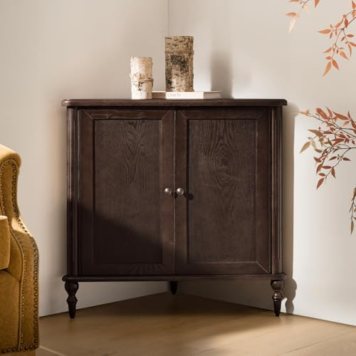 HULALA HOME Transitional Triangle Corner Cabinet with Ash Veneer Door Panels, Small Space Storage Side Cabinet with Adjustable Shelves(Walnut)
