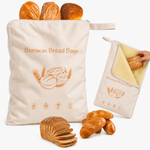 Bolsas de pan reutilizables de cera de abejas con cremallera - Bolsas de algodón recubiertas de cera de abeja natural con cremallera para pan, productos horneados, frutas y verduras