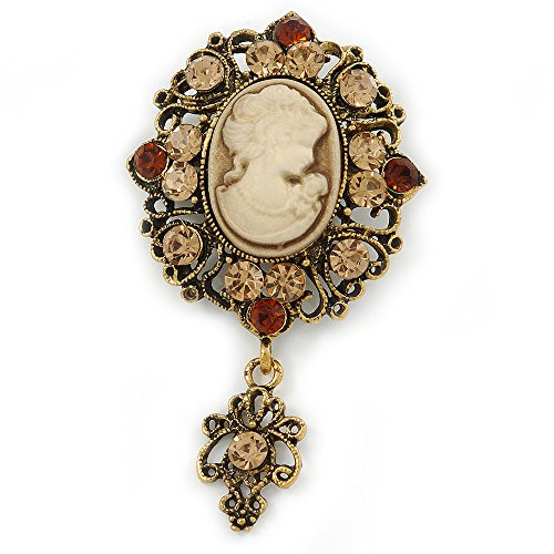 Broche vintage en forme de camée en cristal d'ambre/champagne avec breloque en bronze – 65 mm L, taille unique, Pas de type de métal, diamante