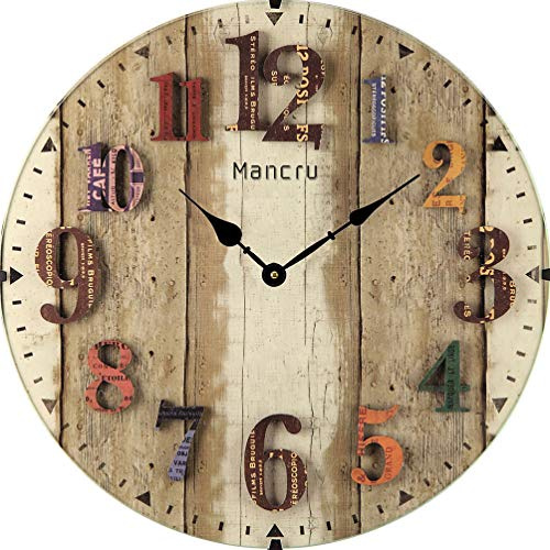 Mancru Orologio da Parete Vintage in Legno Grande Rotondo - Silenzioso, Non Ticchettio, Quarzo - Spessore 1CM, Shabby Chic, Decorazione 10-40CM