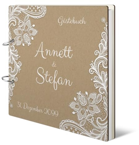 Hochzeit Gästebuch Holzcover 215 x 215 mm 144 Naturpapier Innenseiten personalisiert - Rustikal Kraftpapier