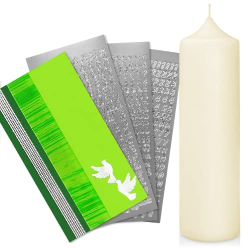 WIKAKERZEN Taufkerze selber Machen Set mit Kerzen-Rohling Buchstaben und Wachsplatten mit Wachsmotiven | Jetzt Größe und Farben Wählen (Kerze 25x7 cm | Creme, Grün mit Taube)