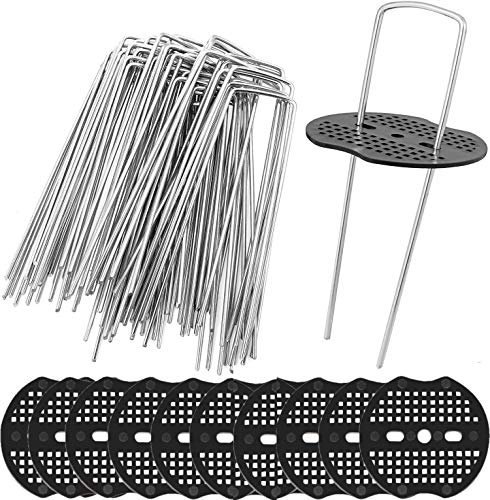 KAHEIGN 50Pcs Garden Peg Set, 15CM U-shaped Rust Resistant Steel Lawn Staples Ground Securing Pegs with Buffer Washer for Securing Fabric Membrane Groundsheets Polythene Sheeting