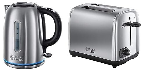 Russell Hobbs 20460 Quiet Boil Kettle, Brushed Stainless Steel, Silver, 3000 W, 1.7 Litre & 24080 Adventure Two Slice Toaster, Stainless Steel, 2 Slice, Brushed and Polished