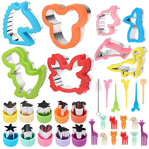 34Stück Brot Gemüse Ausstechformen, Dinosaurier Einhörner Meerjungfrauen Brotausstechformen für Kinder, Edelstahl Sandwich Gemüse Obst Ausstecher, Cookie Cutters Plätzchen Ausstecher mit Zahnstocher