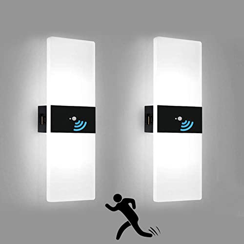 2 Stück Wandleuchte Innen 2,8W LED Wandlampe Mit Bewegungsmelder,4000-Mah-Akku USB Wiederaufladbar,Acryl Aluminium Wandbeleuchtung Modern Flur Lampe,Schlafzimmer Treppenhaus Wohnzimmer,Schwarz,6000K