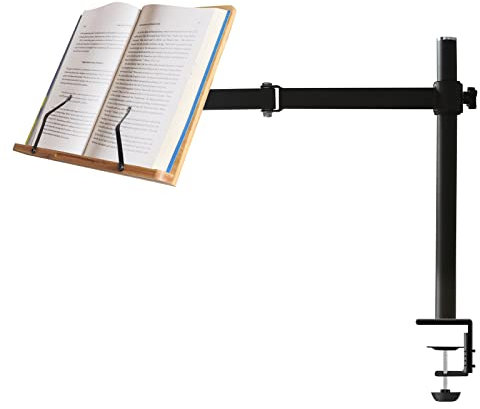 wishacc atril para libros Soporte de lectura de bambú con abrazadera para libros de cocina de escritorio resistente con clips 33,5 x 23,4 cm