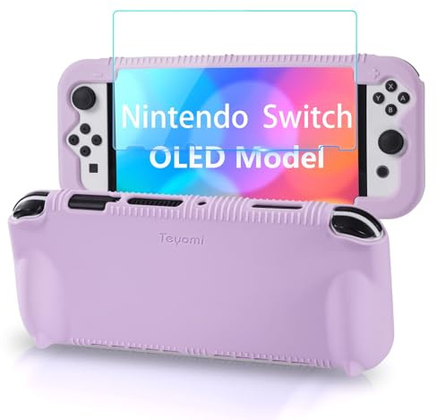 Teyomi® Silicona Funda compatible con Nintendo Switch OLED,carcasa nintendo switch oled,funda protectora con accesorios de Película protectora,2 ranuras almacenamiento para tarjetas de juego (púrpura)