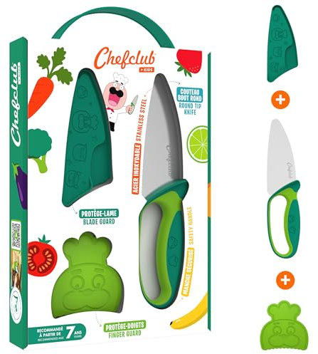 Chefclub Kids - Kit de cuchillos de cocina para niños - Hoja de acero inoxidable - Protector de dedos y hoja - Utensilio seguro y ergonómico - Azul y rojo - Ideal a partir de 7 años